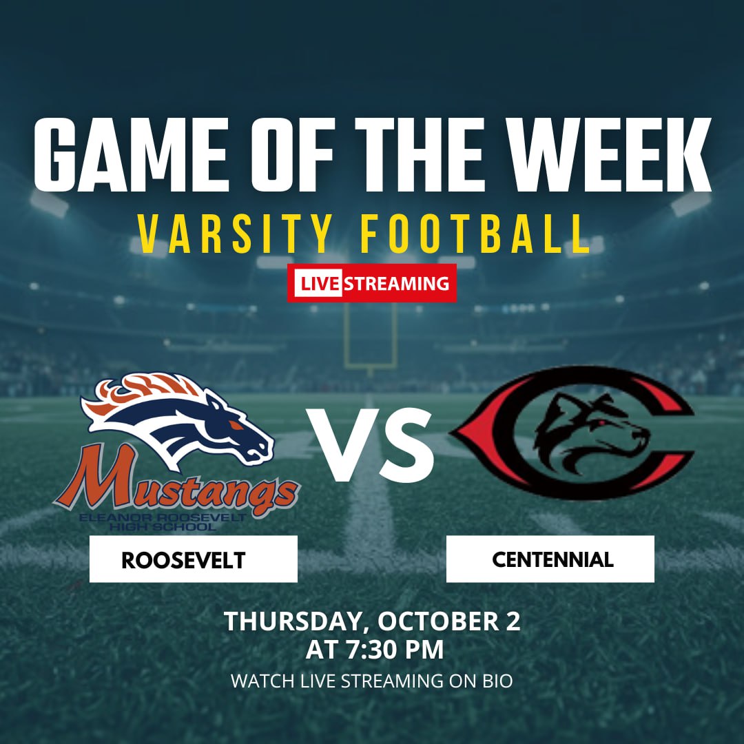 GAMEDAY!!
Varsity Football

🏈 Roosevelt vs Centennial
🗓 Thursday, October 2, 2025
⏰ 7:30 PM
📽 Live Streaming : abc.playonsports.live/football.php

Mustangs
3-2
Huskies
4-1