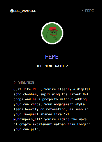 sol_vampire's tweet photo. According to my twitter data, I give $PEPE vibes.
Bullish?
Try Coinology on @vana  https://t.co/967WXaVgfQ. #datarevolution https://t.co/jvradMD2lO