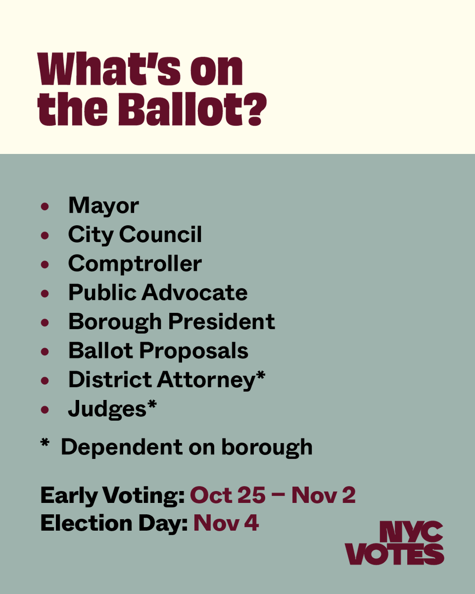 NYCVotes's tweet photo. It's officially election season! 🍂 

This fall, we're voting for citywide offices, judges, and ballot proposals in NYC’s general election.

Stay tuned: NYC's Official Voter Guide with candidate information is coming soon! https://t.co/Zz4WoW3uxF