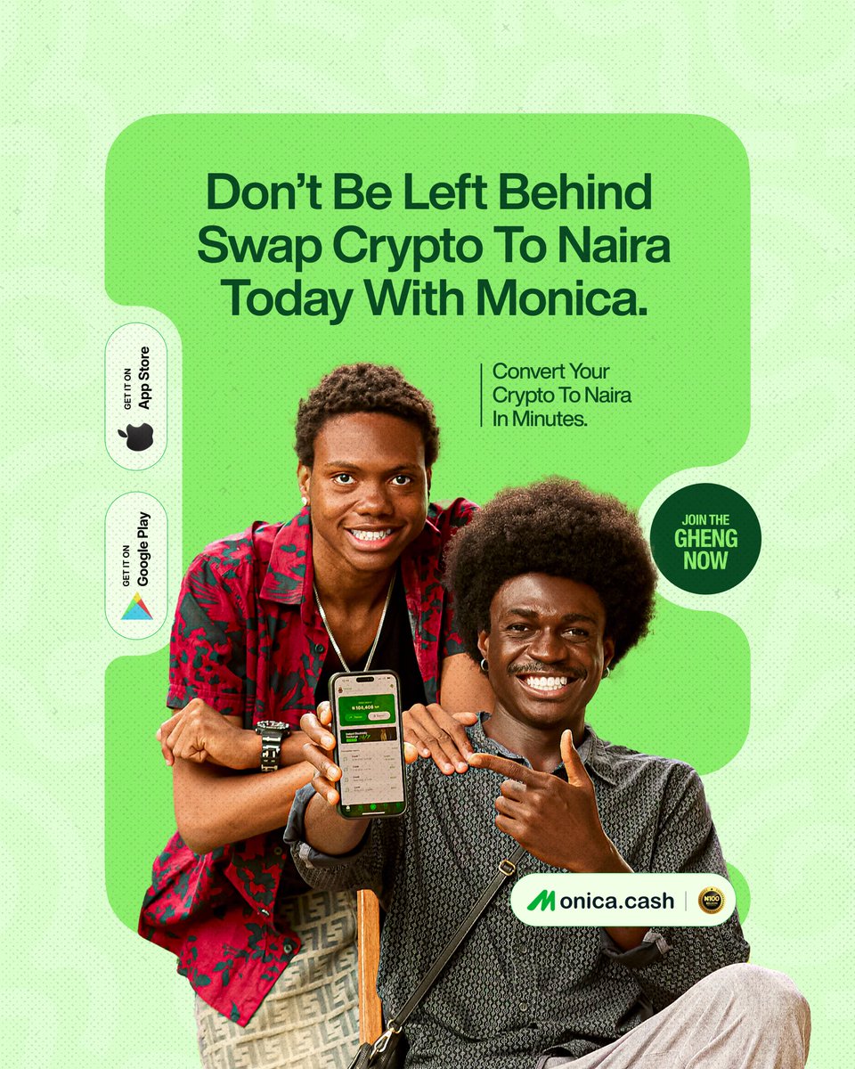 Monicanigeria's tweet photo. Don’t be left behind, flip coin to naira in seconds! ₦0 bank transfers, 24/7. Download Monica &amp; join the Gheng. 💚
#MonicaCash #JoinTheGheng https://t.co/ty3R4rxJYb
