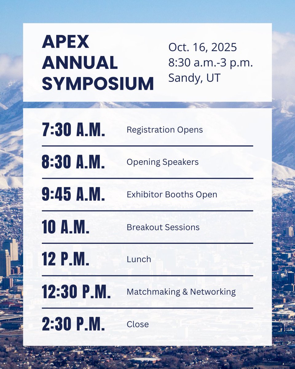 Only two weeks left to register for the APEX Symposium on Oct. 16. Hear from keynote speakers, attend informative breakout sessions, visit exhibitor booths, and participate in matchmaking and networking. Get your tickets now.
business.utah.gov/apex/#symposium
