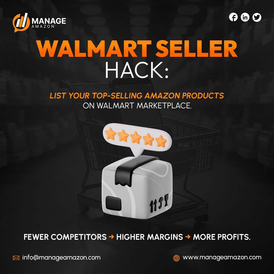 manageamazon's tweet image. Walmart Seller Hack: If your products are winning on Amazon, list them on Walmart Marketplace too! Fewer competitors = higher margins &amp;amp; more profits. At Manage Amazon, we help you expand smarter.  manageamazon.com #WalmartSellers #AmazonFBA #Ecommerce #BusinessStrategy