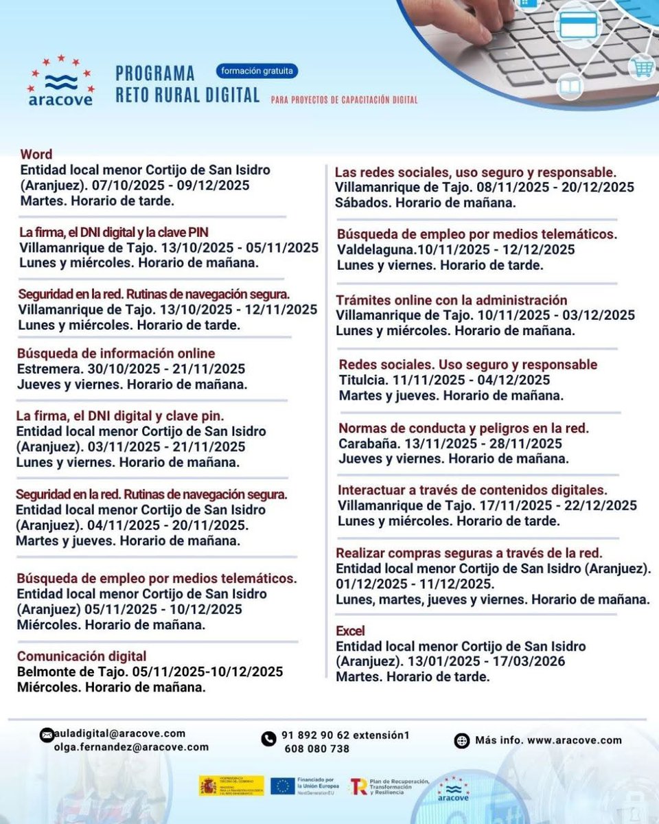 🖥️ ⌨️¿Quieres aprender a usar la tecnología de forma práctica? ARACOVE a través del Programa Reto Rural Digital, ofrece un plan de cursos gratuitos que van desde el manejo de herramientas de ofimática hasta el uso responsable de redes sociales