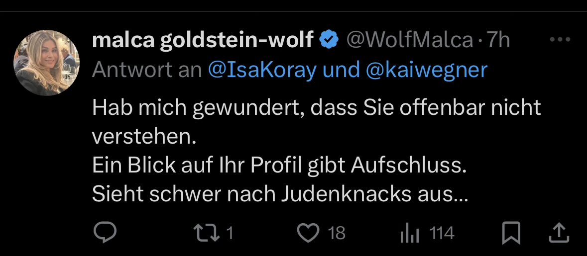 Ah, die selbsternannte Vollblut-Zionistin reduziert die Debatte also auf ‚Judenknacks‘. Danke für den Beweis, dass Argumente bei Ihnen Fehlanzeige sind. Schönheit ist nicht alles…