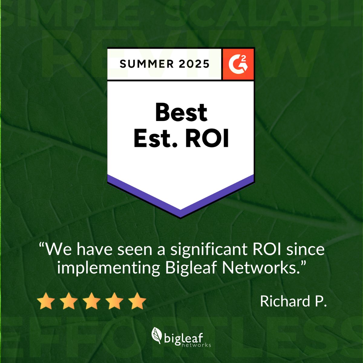 📈 Results that speak for themselves.
"We have seen a significant ROI since implementing Bigleaf Networks." — Richard P.

Bigleaf helps teams perform better—and prove it.

#G2Awards #NetworkROI #BigleafNetworks #SDWAN #HybridWAN