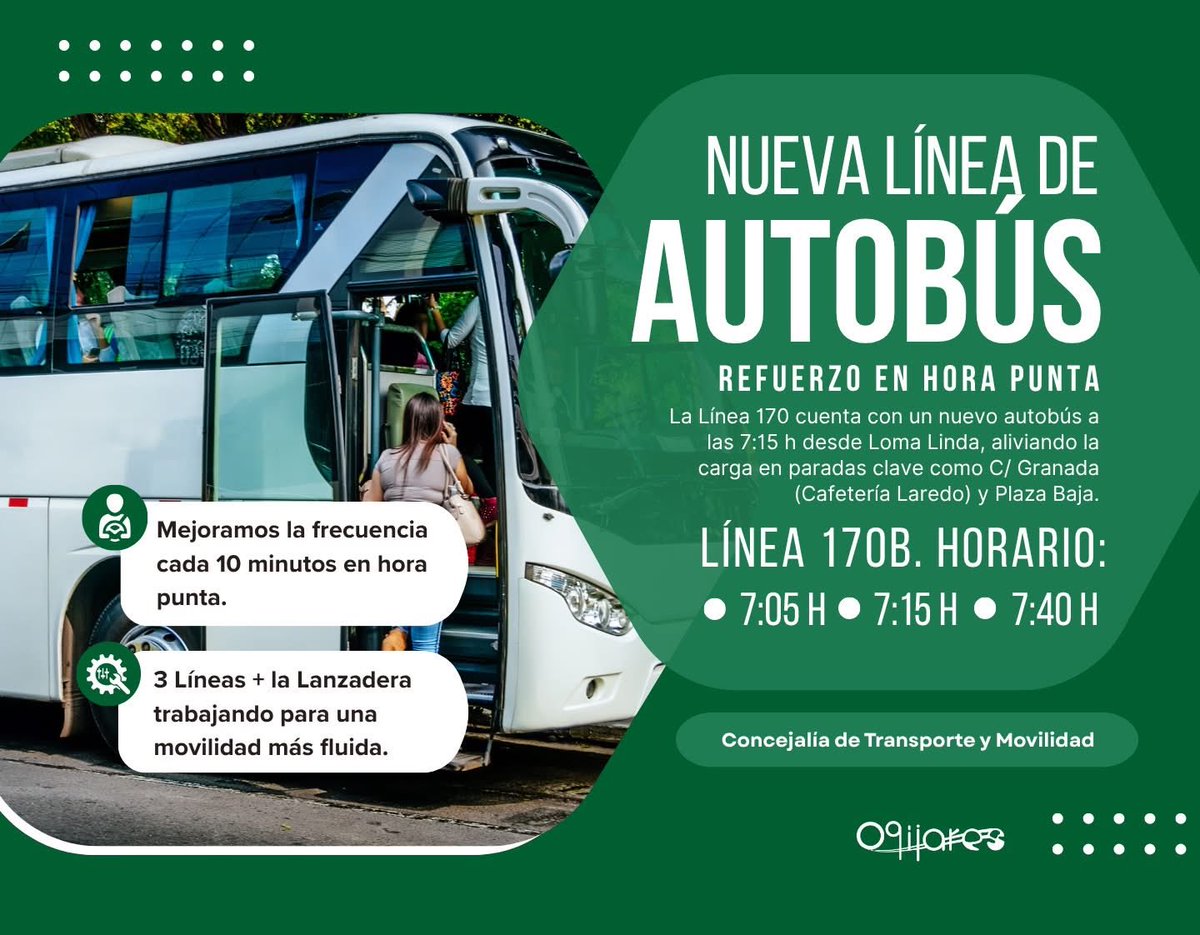 estefanogijares's tweet photo. 🚌 Desde hoy, la línea 170B se refuerza en la hora punta de la mañana con un nuevo autobús a las 7:15 h desde Loma Linda, que se suma a los horarios de 7:05 y 7:40 h.

👉 Esta incorporación ayuda a descongestionar las paradas de la línea 171 en calle Granada https://t.co/BSRBOZpteq