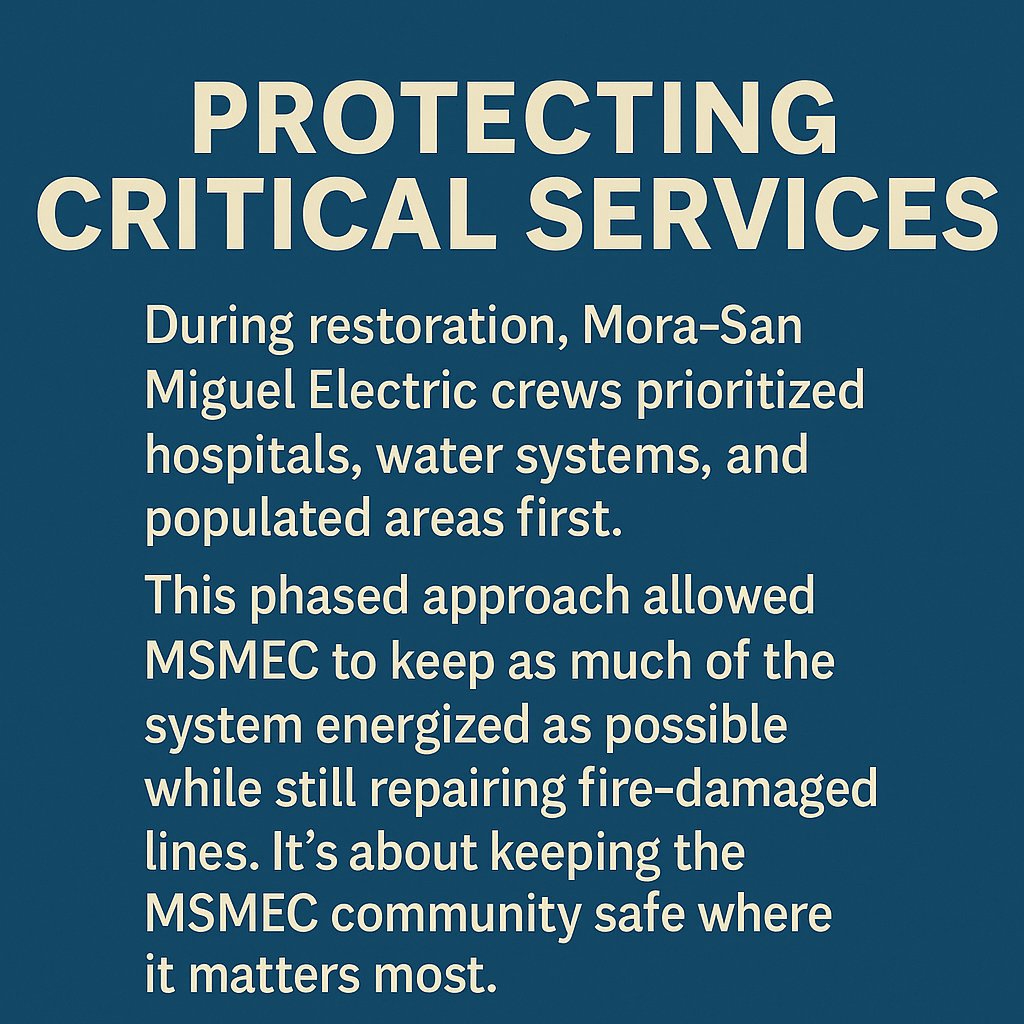 NMRECoops's tweet photo. During restoration, Mora-San Miguel Electric prioritized hospitals, water systems, and populated areas. 🏥💧 This phased approach keeps the MSMEC community safe while repairing fire-damaged lines. #CommunityFirst #MSMEC https://t.co/jhqaXt6oQF