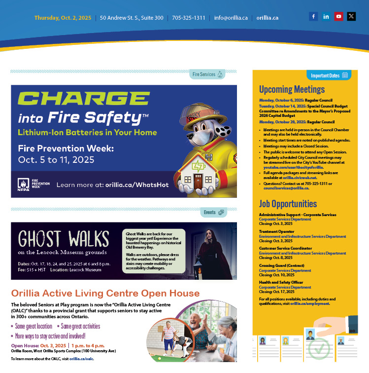 📣📰Stay up to date on important City of #Orillia information with the Weekly Bulletin. Check out the October 2, 2025, edition on our website at  orillia.ca/communications. You can sign up to receive the Weekly Bulletin right to your mailbox 📧 at orillia.ca/subscribe.