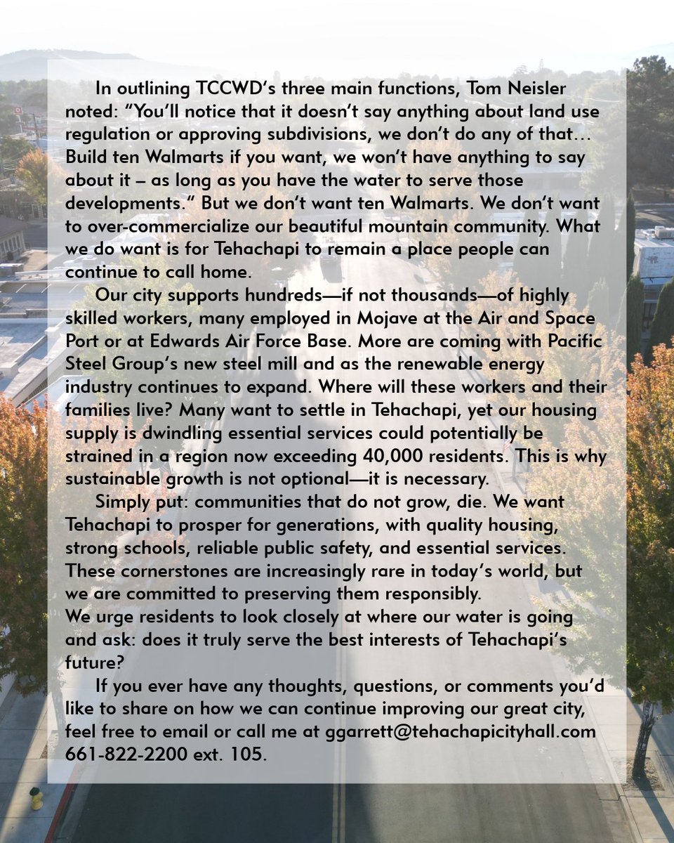 Read our latest City Manager's Memo -- and stay tuned for our upcoming podcast series that will delve into the history, intricacies, and hard truths about Tehachapi's water.