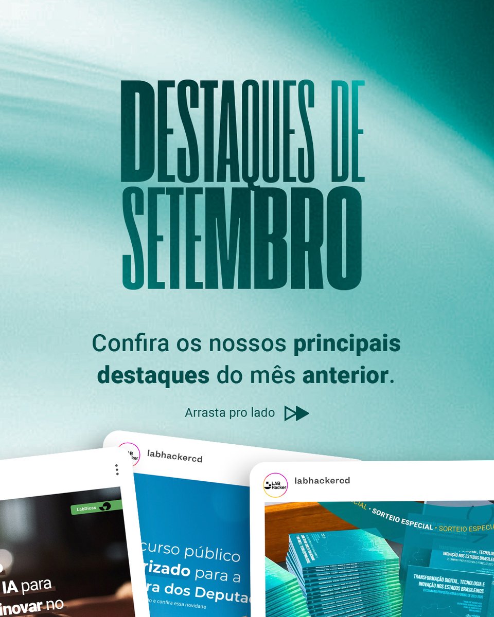 LabHackerCD's tweet image. Setembro encerrou com muita coisa boa no LAB! ✨
Mais alcance: Sorteio do livro, Resultado do sorteio e Experiência vencedora da Votação Popular para a Maratona.
Mais engajamento: Sorteio do livro, Capacitação gratuita em IA e Concurso Público autorizado p/ Câmara 🚀
