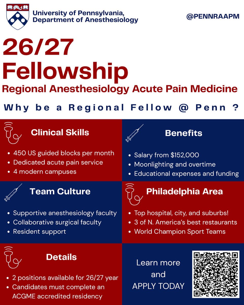 dr_tgro's tweet photo. We are looking for 2 fellows for the 2026/2027 academic year @PennAnesthesia 

Please DM if interested! 

@UMD_Anesthesia @MountSinaiAnes1 @WeillCornell @BrighamAnes @UCSFAnesthesia @UCLAAnes @UVaAnesthesia @MCCAnesthesia @UCSFAnesthesia @DartmouthAnesth @YaleMed https://t.co/qVDeLl48Gs
