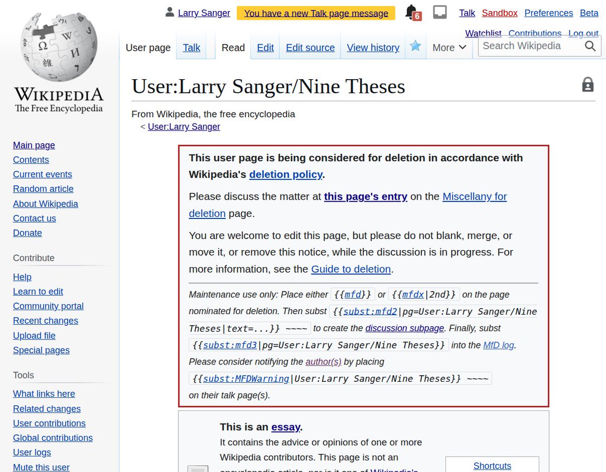 Larry Sanger (@lsanger) on Twitter photo Wikipedia is considering removing my "Nine Theses on Wikipedia." ๐ค Wikipedia is considering removing my "Nine Theses on Wikipedia." ๐ค