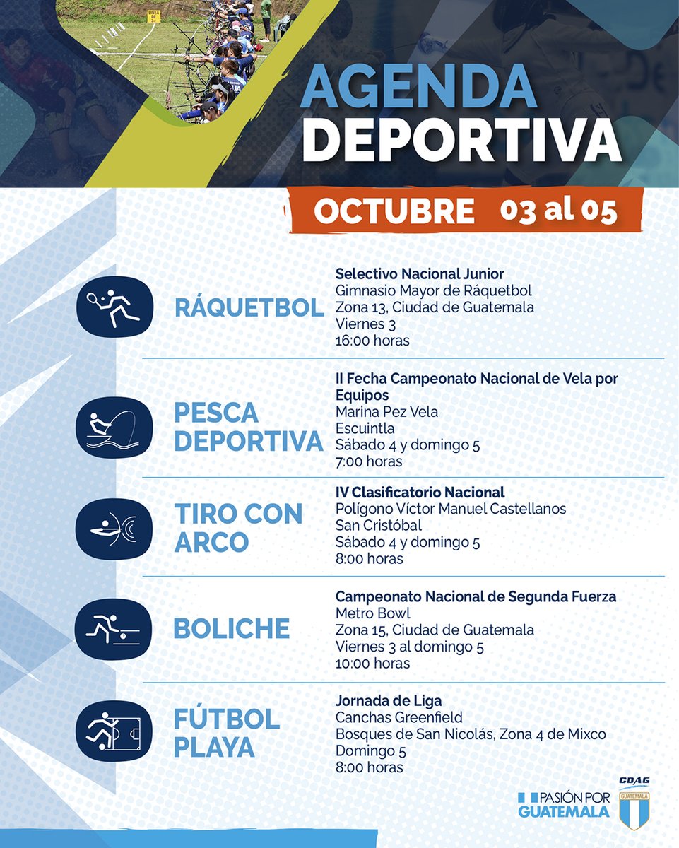 📆💙 Es momento de informarse y conocer que deportes tendrán actividad este fin de semana 💪🇬🇹

#Guatemala #Deportes #Atleta #Agenda #AgendaDeportiva