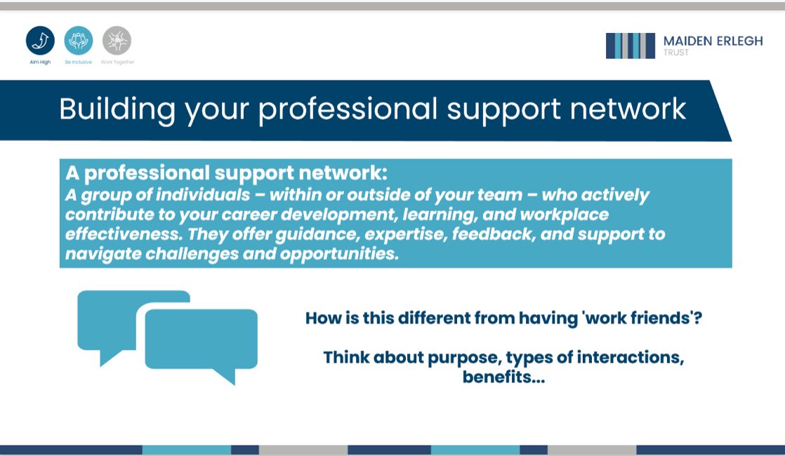 ChloeBatemanH's tweet photo. It was great to kick off our new @_MEInstitute @MaidenErleghTru Support &amp; Administrative Staff CPD Pathway today with a session on ‘Owning Your Career Journey’! We discussed the role of professional networks, feedback, and skills auditing in driving your own development 📝 https://t.co/WNHuyPhKr3