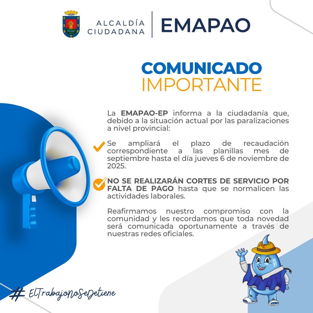 ✅Se 𝒂𝒎𝒑𝒍𝒊𝒂𝒓𝒂́ 𝒆𝒍 𝒑𝒍𝒂𝒛𝒐 𝒅𝒆 𝒓𝒆𝒄𝒂𝒖𝒅𝒂𝒄𝒊𝒐́𝒏 correspondiente a las planillas mes de septiembre hasta el día jueves 6 de noviembre de 2025.
✅𝑵𝑶 𝑺𝑬 𝑹𝑬𝑨𝑳𝑰𝒁𝑨𝑹𝑨́𝑵 𝑪𝑶𝑹𝑻𝑬𝑺 𝑫𝑬 𝑺𝑬𝑹𝑽𝑰𝑪𝑰𝑶 𝑷𝑶𝑹 𝑭𝑨𝑳𝑻𝑨 𝑫𝑬 𝑷𝑨𝑮𝑶