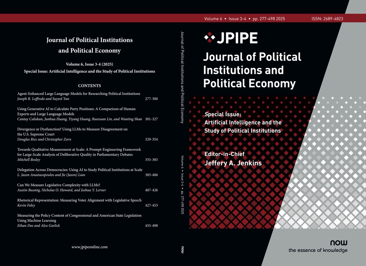 Now out: <a href="/JPIPE_journal/">JPIPE</a> 6(3-4): special issue on AI and the Study of Political Institutions. Papers by <a href="/JoeyLoffredo/">Joe Loffredo</a>, <a href="/mitchellbosley/">Mitchell Bosley</a>, <a href="/jasonanastas/">Ιάσων Αναστασόπουλος</a>, <a href="/ProfNHoward/">Nicholas Howard</a>, <a href="/CantayCaliskan/">Cantay Çalışkan</a>, <a href="/garlicksauce/">Alex Garlick</a> &amp; others. nowpublishers.com/PIP