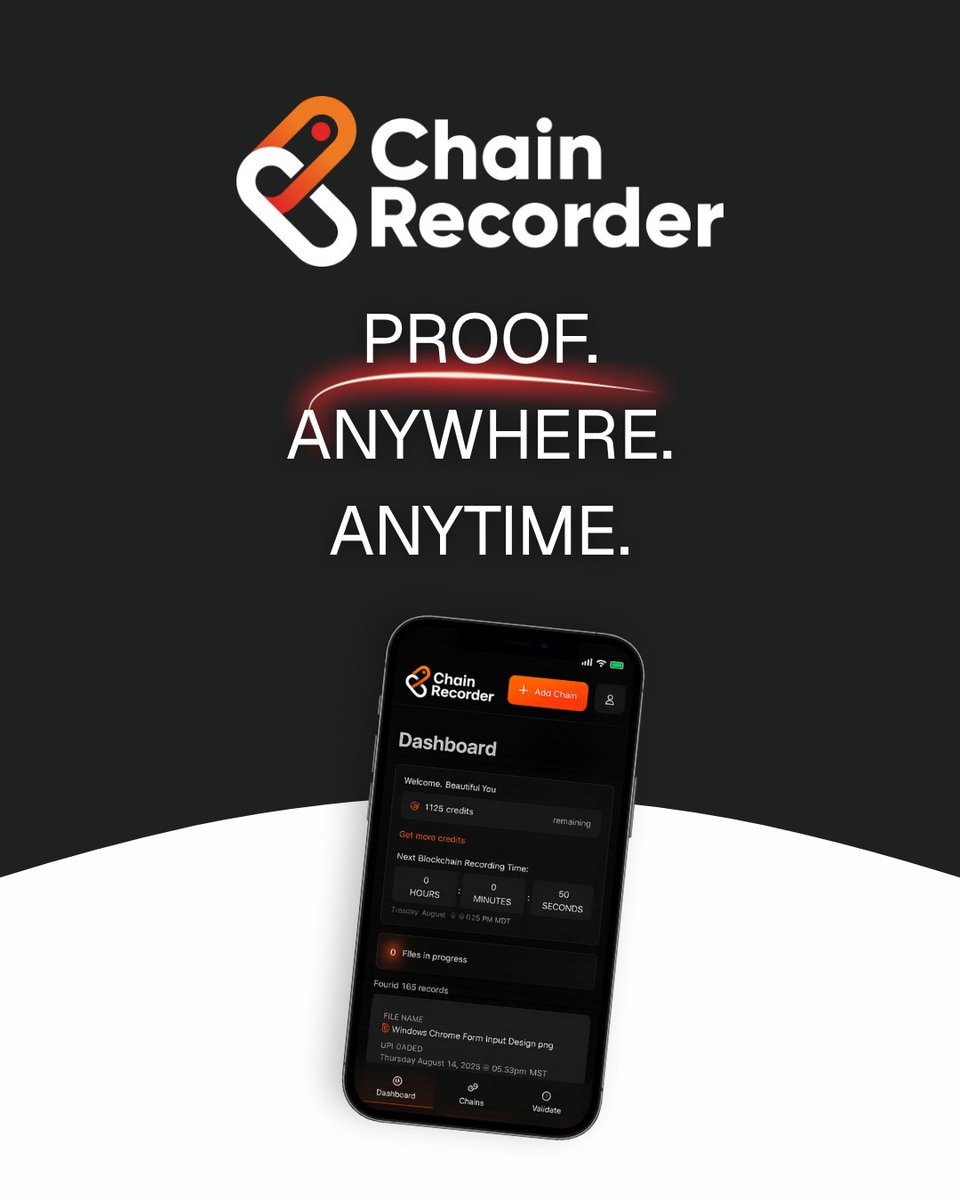 chainrecorder's tweet photo. Need digital proof on the go?
The new ChainRecorder UI is fully mobile-optimized. Upload, record, and verify wherever you are.

Your first chain is on us — no card required.
👉 Try it now → https://t.co/6ofsafX8dP

#MobileFirst #DigitalSecurity #ChainRecorder https://t.co/MFqln8WsNH