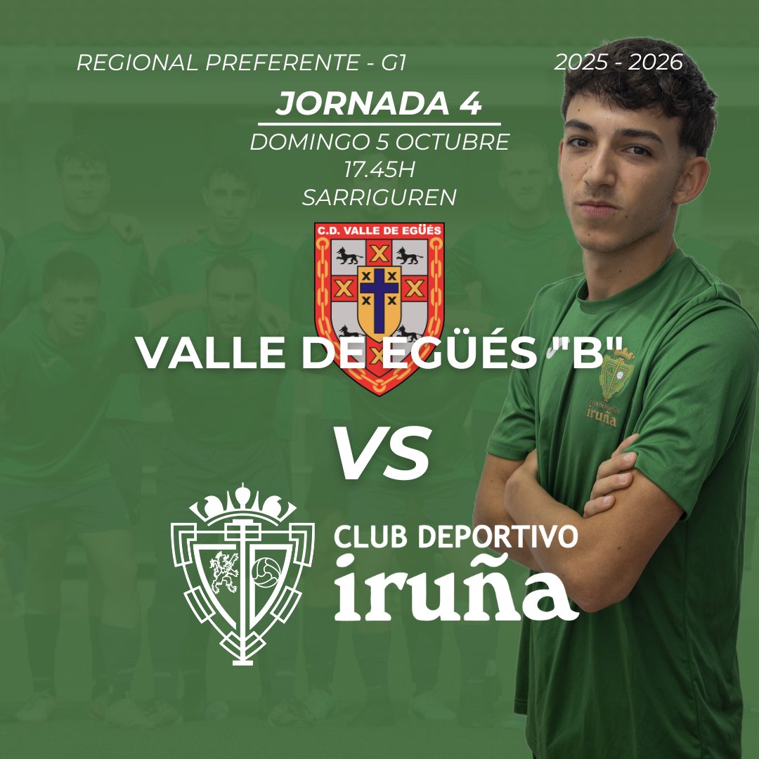 🏆 Jornada 4 #RegionalPreferente 
🆚 C.D. Valle de Egüés "B" <a href="/AUPAEGUES/">C.D. VALLE DE EGÜÉS FUTBOL</a>
🗓️ Domingo 5 octubre 
🕕 17.45h
📍Sarriguren 
💪🏼 #vamosverdes #goazenberdeak 
💚#aupairuña