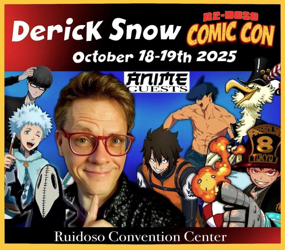 NEW MEXICO! I’m heading to Ruidoso with a few amazing castmates from Fire Force and Dragon Ball for #R2doso Comicon Oct 18 &amp; 19! Captain Burns (Phil Parsons), Obi (Jeremy Inman) and I have a VERY special #FireForce group print (think firemen’s calendar shoot). It’s 🔥🔥🔥