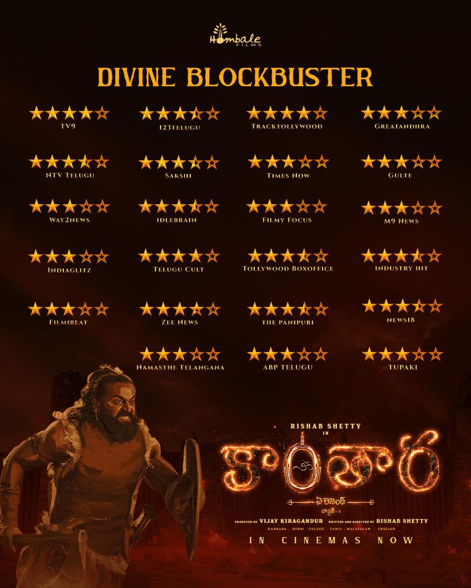 rameshlaus's tweet photo. Unanimous praise for the divine epic #KantaraChapter1! 🔥
We’re truly grateful for the mesmerising and riveting reviews.

Witness #BlockbusterKantara in cinemas near you.

#KantaraInCinemasNow #DivineBlockbusterKantara #KantaraEverywhere 

#Kantara @hombalefilms @KantaraFilm @shetty_rishab @VKiragandur @ChaluveG @rukminitweets @gulshandevaiah #ArvindKashyap @AJANEESHB @Banglan16034849 @PragathiRShetty @HombaleGroup