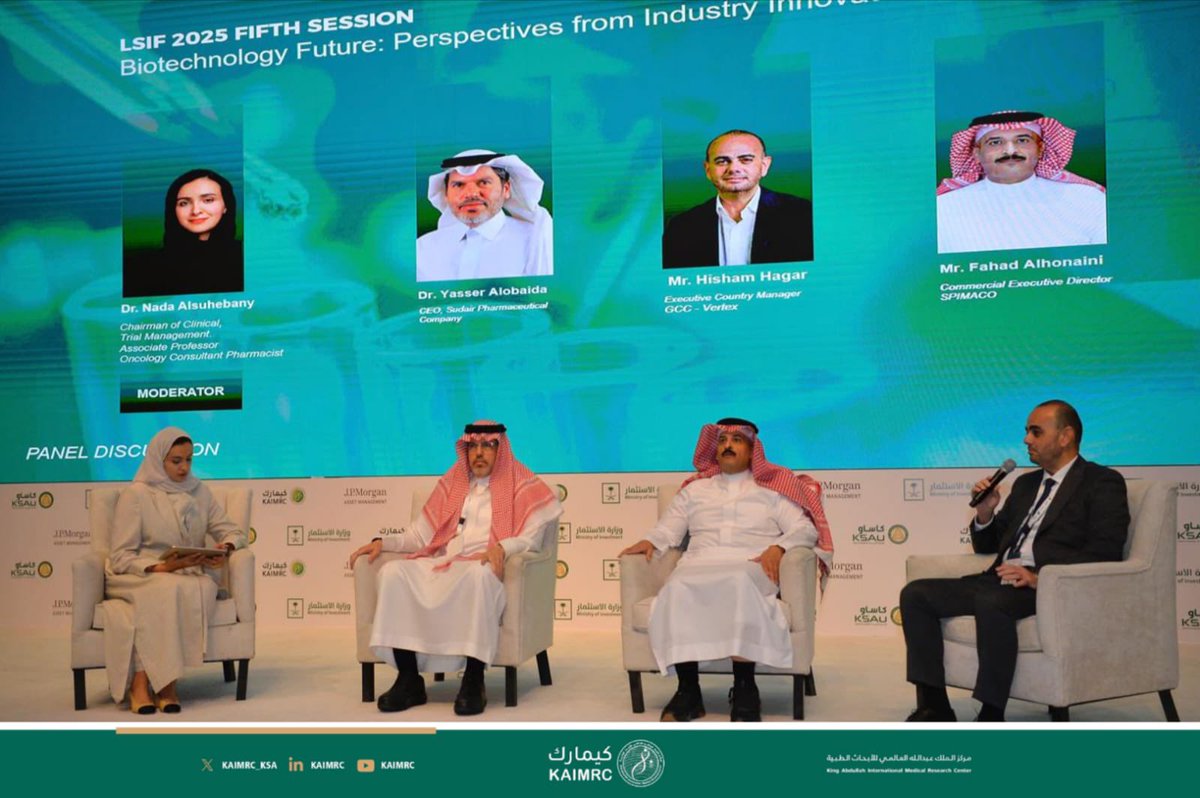 kaimrc_ksa's tweet photo. In the session “Biotechnology Future – Perspectives from Industry Leaders” at #LSIF2025, experts from Sudair, SPIMACO, and Vertex highlighted how Saudi Arabia’s biotech sector is advancing in line with #Vision2030 through localization, strong government support, and global partnerships. Sudair announced plans for an insulin facility, plasma localization, and new anticancer and gene therapies, while SPIMACO showcased its strong R&D pipeline. Vertex underscored the Kingdom’s market potential and rapid transformation, with all panelists agreeing that localization, innovation, and collaboration are key to ensuring healthcare security and driving economic growth.

#Biotech #Innovation #SaudiArabia #Healthcare #KSAUHS #KAIMRC #Pharma