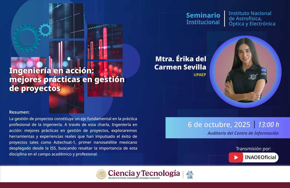 Los invitamos a nuestro seminario "Ingeniería en acción: mejores prácticas en gestión de proyectos", que impartirá la Mtra. Érika del Carmen Sevilla García, de la UPAEP.

📆 6 de octubre
🕞 13:00 
📍 Auditorio del Cetro de Información, INAOE
💻 En vivo por
youtube.com/@INAOEOficial
