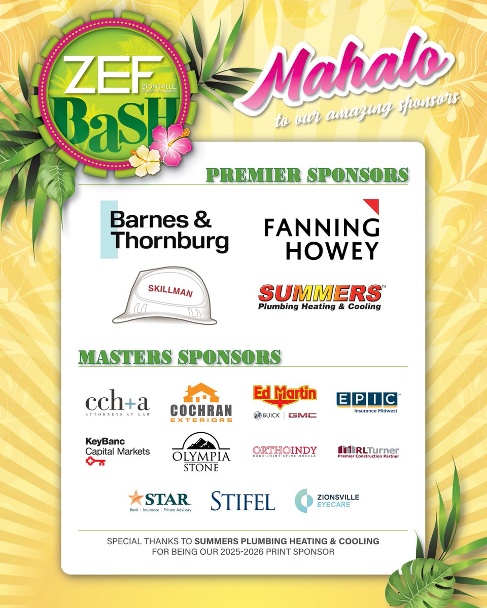 Mark your calendars for November 8th at 6 p.m. at the Golf Club of Indiana for ZEF Bash 2025. Don’t miss out on all of the luau-inspired fun. 🌺 Mahalo to all of our amazing sponsors for supporting ZEF and the Zionsville community. Buy your tickets at zionsvilleeducationfoundation.org.