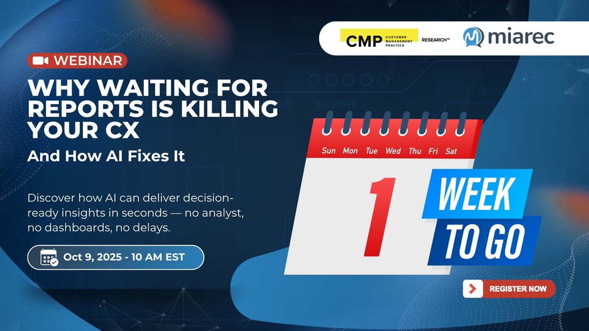 ⏳ One week away!
Whether you're in CX, Ops, or RevOps, you’ll leave with practical steps to speed up insight and cut costly delays. ⚡

📅 Oct 9 | 10 AM EST
🎯 Save your seat now: hubs.la/Q03LPBCd0

#CX #ContactCenter #CXinsights #Automation #AutoQA #Miarec #AI