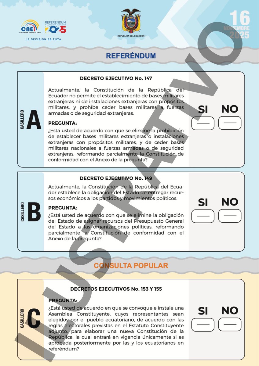 ecuainm_oficial's tweet photo. ‼️#URGENTE
Esta será la papeleta para el próximo 16 de noviembre en el referéndum y consulta popular. https://t.co/hBYTi1tGVB