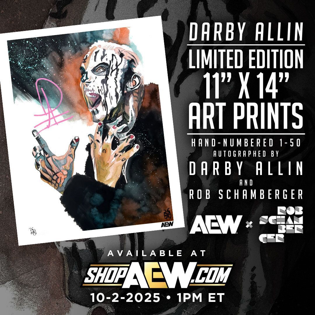 ShopAEW's tweet image. This limited-edition @DarbyAllin art print by @robschamberger just dropped at ShopAEW.com!
Each one is hand-numbered and autographed by Darby Allin & Rob Schamberger!