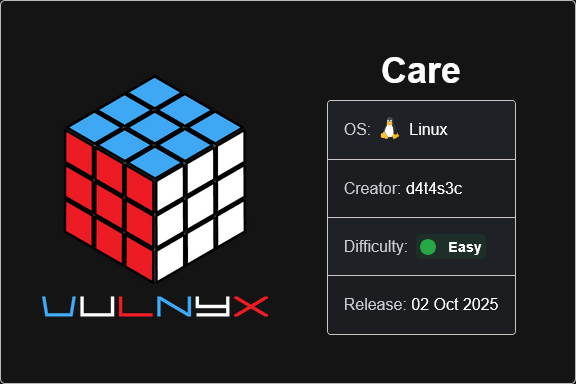vulnyxofficial's tweet photo. New VM | Care by d4t4s3c
π (https://t.co/B8MK7SoSce)
#vulnyx #nyx #linux #ctf #pentesting #cybersecurity #infosec #hacking #redteam #informationsecurity #networksecurity #boot2root https://t.co/9i6Mbu8rda