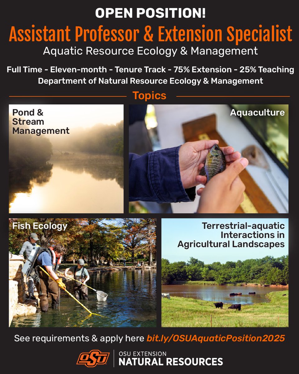 OPEN POSITION!
Assistant Professor &amp; Extension Specialist
Aquatic Resource Ecology &amp; Management
- Full Time
- Eleven Month
- Tenure Track
- 75% Extension
- 25% Teaching

Department of Natural Resources Ecology &amp; Management

Topics
- Pond &amp; Stream Management
- Aquaculture
- Fish