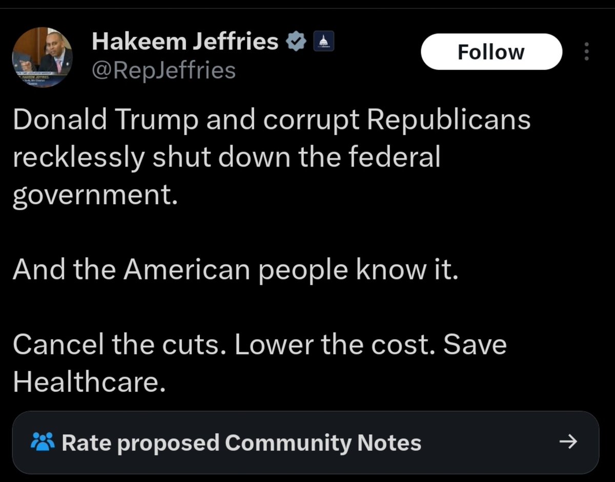 Sassafrass_84's tweet photo. Hakeem Jeffries is doing what he does best. Lying to the American people. 

What part of not wanting Medicare to fund illegals do you not get? Or that you guys want to restore NPR and PBS. You want to revoke hospital funding for rural areas. (Not your voter base) You want climate and DEI funding for foreign nations. (Not on our dime) 

The government shut down is on the dems.