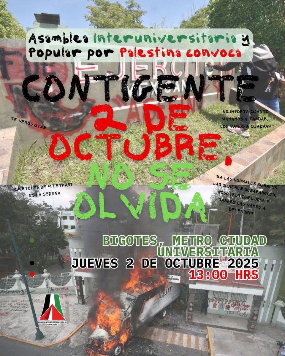 El 2 de octubre no se olvida.
La memoria sigue en pie y la lucha también.

Acompáñanos en la marcha contra la represión, por la vida y la dignidad.