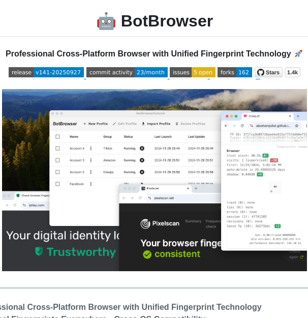 tom_doerr's tweet photo. Simulates identical browser fingerprints across Windows, macOS, Linux, and Android for undetectable automation and testing https://t.co/M1d5ZktrzZ