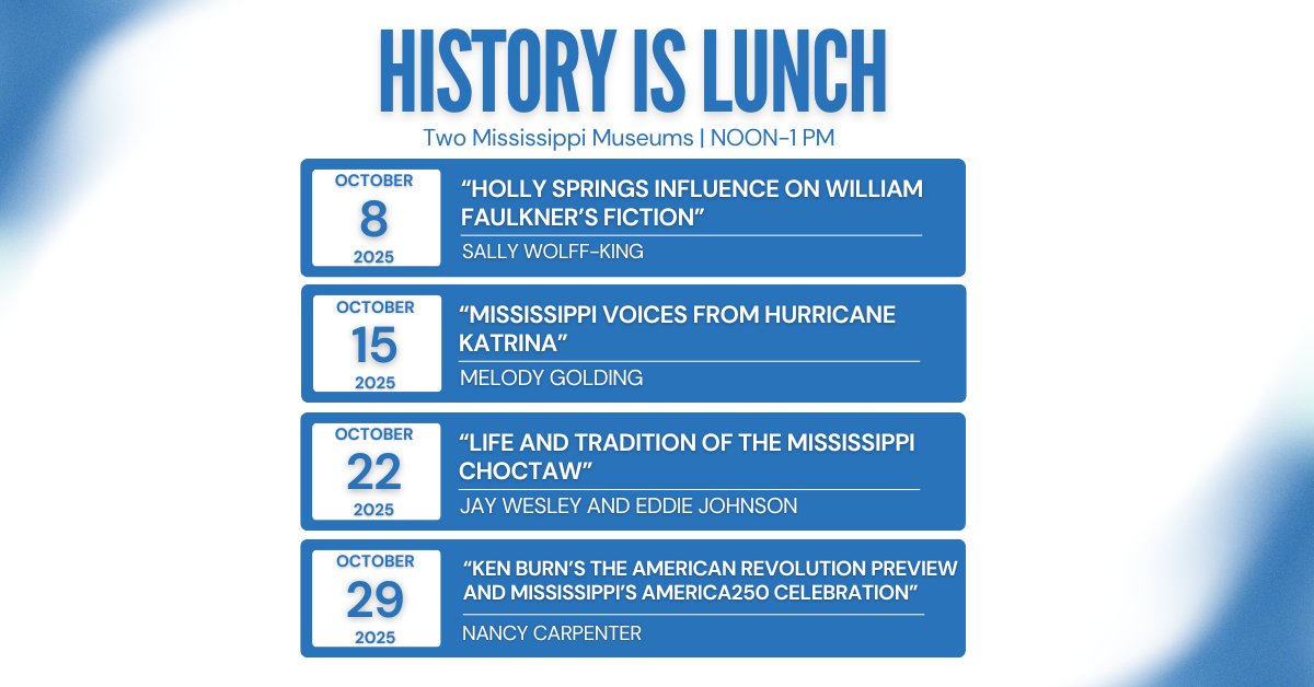 Keep up to date on our upcoming #HistoryIsLunch programs at the Two Mississippi Museums! These programs stream live every Wednesday at noon on the MDAH Facebook page and YouTube page at bit.ly/3ZOieJD.