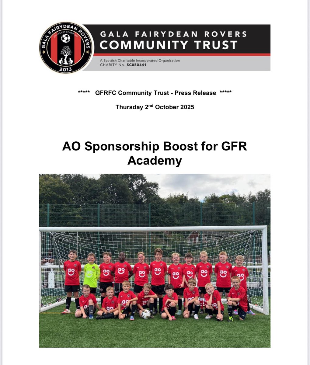 GFRTrust's tweet photo. Young footballers in Galashiels are the proud recipients of new strips following a
successful sponsorship application to the major online electronics retailer AO. The
company, based in Bolton, specialise in supplying household appliances and
electricals. https://t.co/c3rSGx3coa