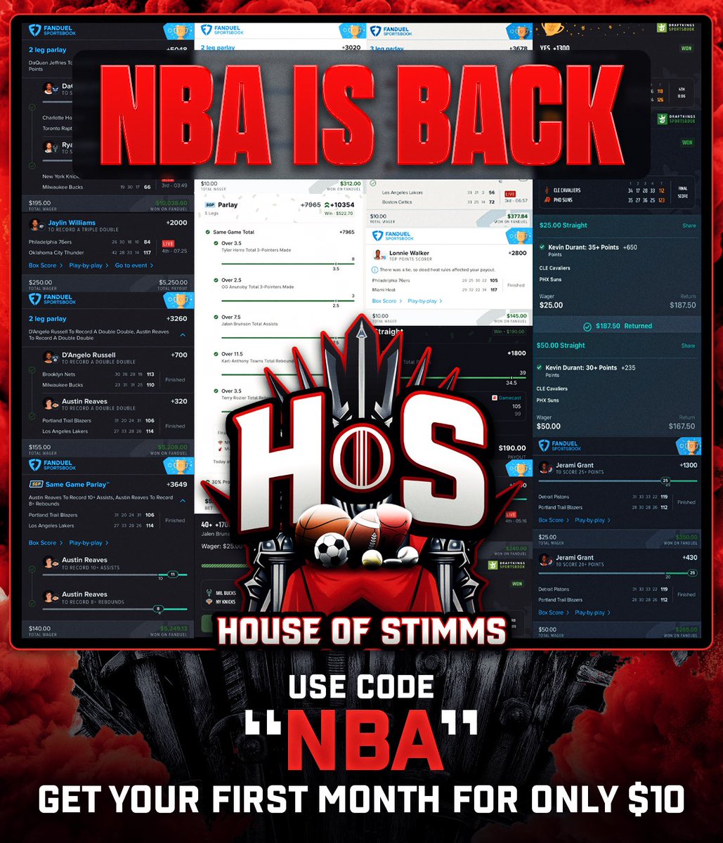 🚨NBA Opening Month Promo🚨

Join now for ONLY $10 w/ code “NBA”

Last season NBA profits:
📈 StimmSimm: +53.74U
📈 Bubs Bets: +96.29U
📈 Flo: +5.1U
+155.13U total — We cooked last season.

Tap in 👇

whop.com/house-of-stimms
