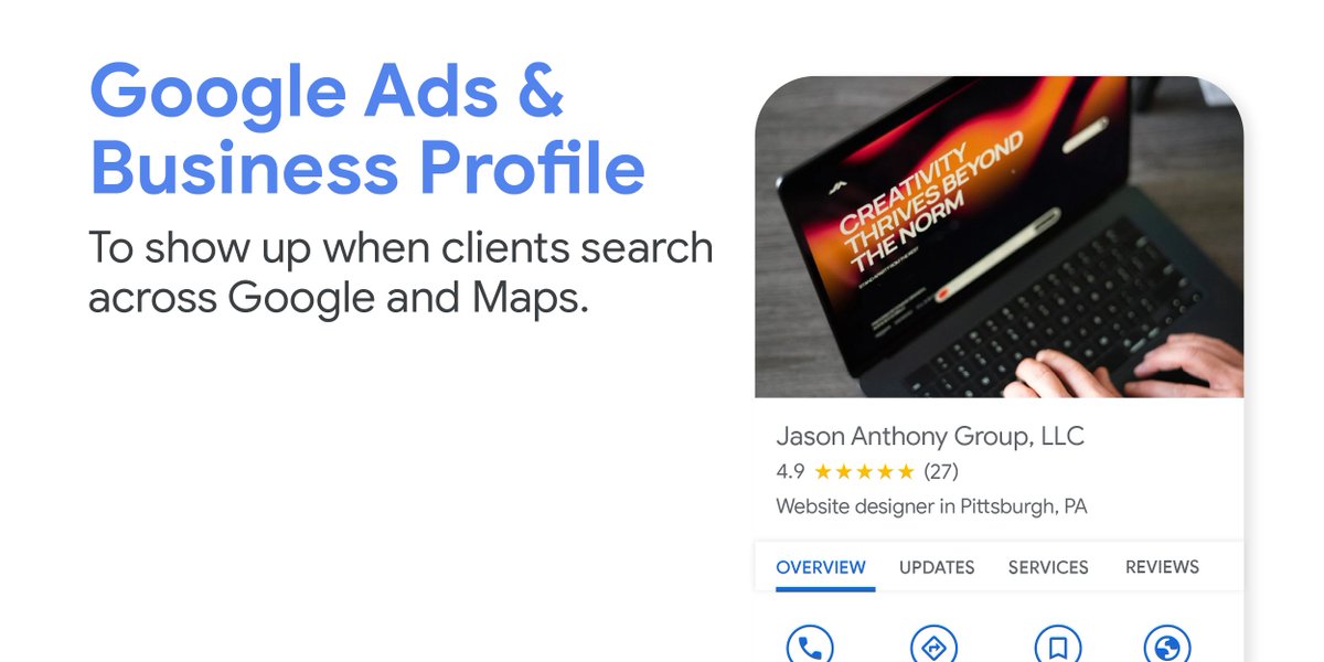 GoogleSmallBiz's tweet photo. See how Jason Anthony’s one-person design agency @JasonAGroup achieved 30-40% YoY growth with Google tools ⬇️

More on his story: https://t.co/ZR3LpJyJas https://t.co/7TKbQvd17r