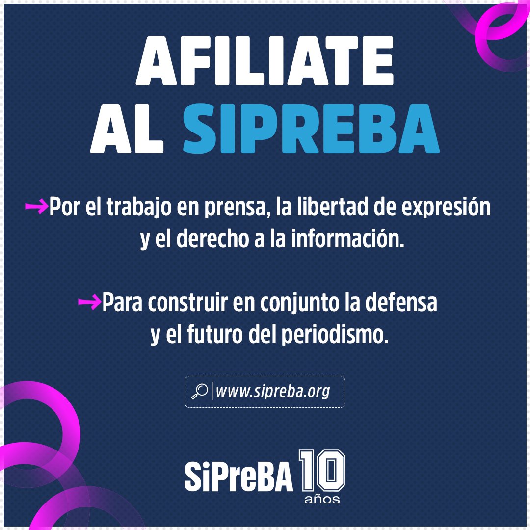 🗨 Hacemos periodismo, trabajamos en prensa, si nos precarizan y atacan: nos organizamos.

🙋‍♀️ Si tambien trabajás en portales, streams, radios, canales, diarios...

🔵 AFILIATE AL SIPREBA 🔵
sipreba.org/afiliacion-al-…

🙌🏼 ¡Es ahora y contamos con vos! 

#SiPreBA2025 #SiPreBA10años