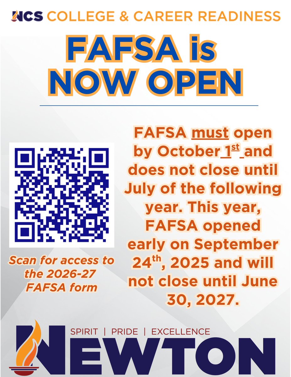 ccr_newton's tweet image. FAFSA is a race not a stroll! The earlier you apply the better, so don’t want! All QR codes are also available in our Linktree your convenience and additional questions can be directed to FAFSA.gov. Good Luck students!