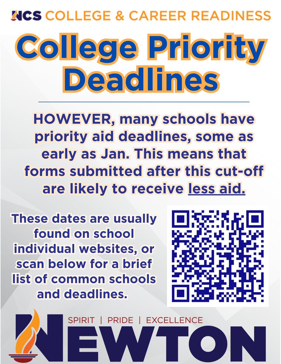 ccr_newton's tweet image. FAFSA is a race not a stroll! The earlier you apply the better, so don’t want! All QR codes are also available in our Linktree your convenience and additional questions can be directed to FAFSA.gov. Good Luck students!