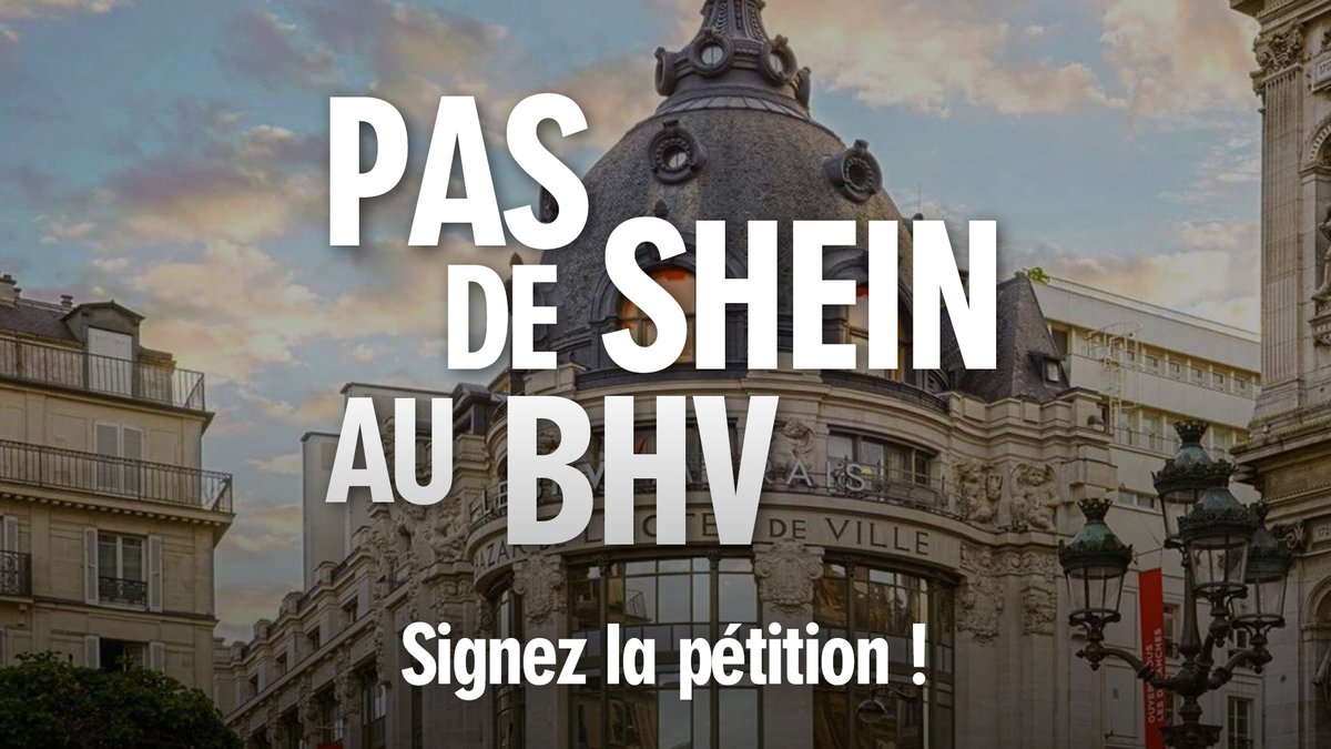 📣🚨 L’arrivée annoncée de SHEIN au BHV est INACCEPTABLE.

Le modèle d’ultra fast fashion, fondé sur la surproduction, le marketing agressif et l’exploitation de SHEIN n’a pas sa place au cœur de Paris, encore moins dans un lieu aussi symbolique que le BHV.

Il y a urgence à
