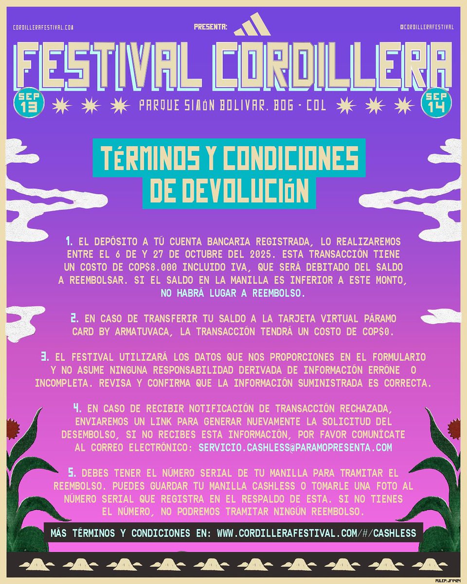 #UPDATE: Desde el 29 de septiembre hasta el 20 de octubre de 2025 podrán solicitar la devolución del saldo que haya quedado en su manilla Cashless del Festival Cordillera 🙌🏼 

Siga el paso a paso y consulte más información en cordillerafestival.com/cashless 

Si va a solicitar una