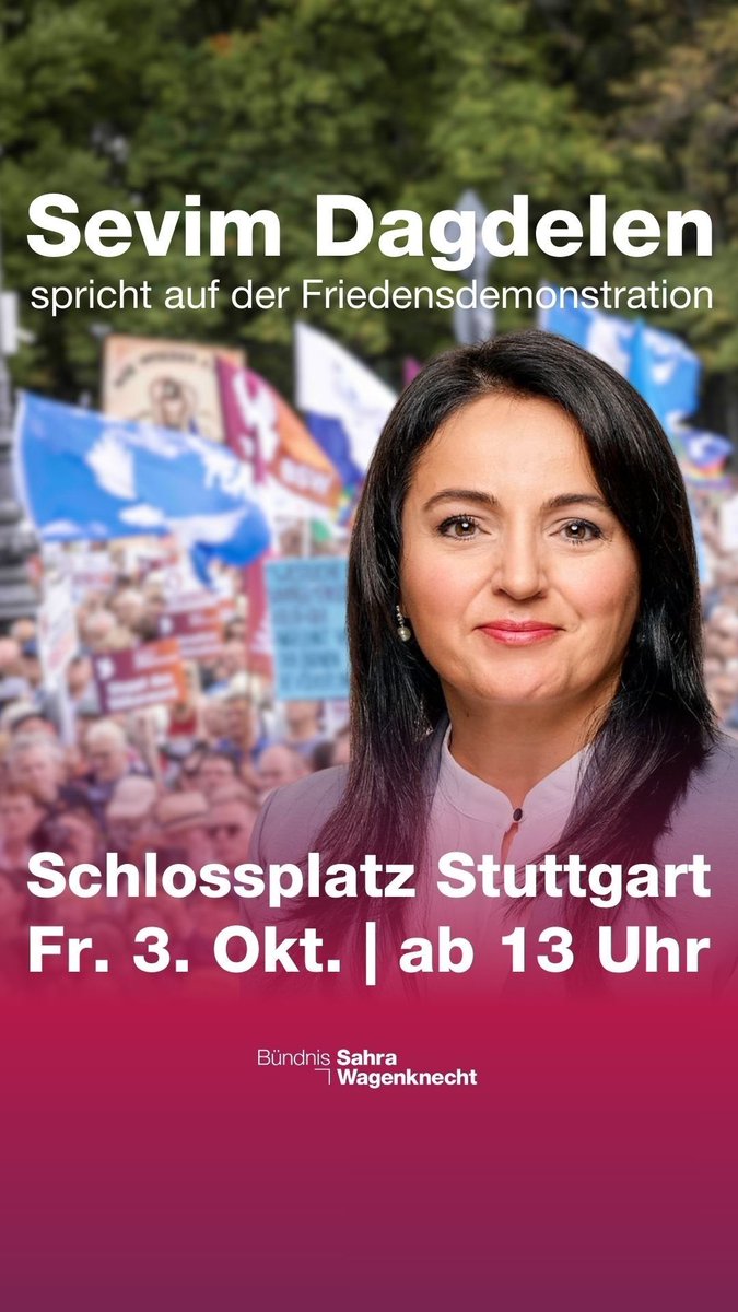 SevimDagdelen's tweet image. Es ist soweit! Am Freitag, 3. Oktober, gemeinsam auf die Straße:
Für Frieden statt Aufrüstung, für Diplomatie statt Eskalation, für einen Sozialstaat statt Kriegstüchtigkeit!
📍 Berlin &amp;amp; Stuttgart, jeweils 13 Uhr

➡️ Mehr Infos: friedensdemo0310.org  
#Friedensdemo