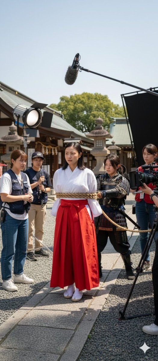 kintoresm's tweet photo. AIで巫女が女武者に捕らえられるシーンの撮影風景の画像を作成した。 https://t.co/hwhqlko3Ax