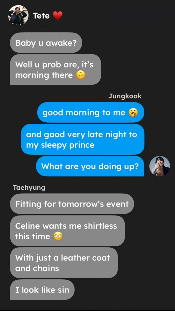 RozzJo06's tweet photo. #taekookau #taekook #kookv 🔞

Canon 

Taehyung flew to Paris for his Celine fashion show and he teases with the outfit he is gonna wear, showing to his boyfriend Jungkook who is in Seoul. The long distance chat that turns into s£xting , and messy bed sheets later. https://t.co/qd637LZzaN
