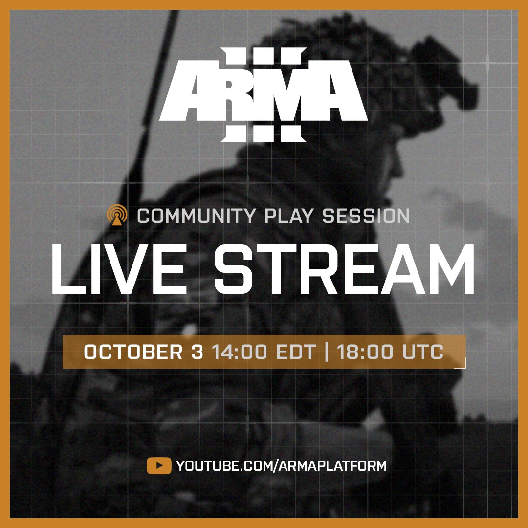 This Friday, #Arma3 Community Manager <a href="/jtleclair/">Justin LeClair 🇺🇦</a> will join <a href="/3CBRealism/">3 Commando Brigade</a> and <a href="/4thIB_Milsim/">4th Infantry Brigade Milsim Unit</a> for a special joint operation!

📅 October 3, 1400 EDT / 1800 UTC

youtube.com/@ArmaPlatform
