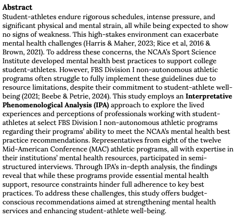 JIIAJournal's tweet photo. New article on Athlete Mental Health

Assessing College Athletic Departments’ Ability to Implement the NCAA Mental Health Best Practices

Grace Louis
Shaine Henert

https://t.co/fbG0gmudcO https://t.co/w3E28uLdZY