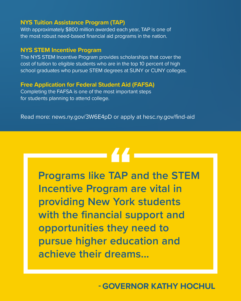 .<a href="/GovKathyHochul/">Governor Kathy Hochul</a> today announced that applications are now open for the New York State Tuition Assistance Program (TAP), and the NYS STEM Incentive Program for the 2026-27 academic year.

Read more: news.ny.gov/3W6E4pD or apply hesc.ny.gov/find-aid

#FAFSA #TAP #STEM #HESC